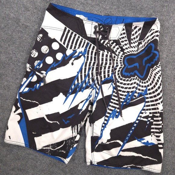 FOX Board Shorts Mens 33 Blue Black Explosion Fissure Bat Drawstring Unlined - Picture 1 of 12